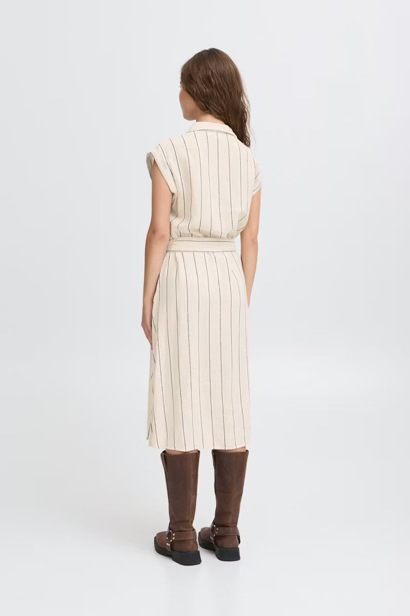 ICHI LINNO DRESS BROWN STRIPE 