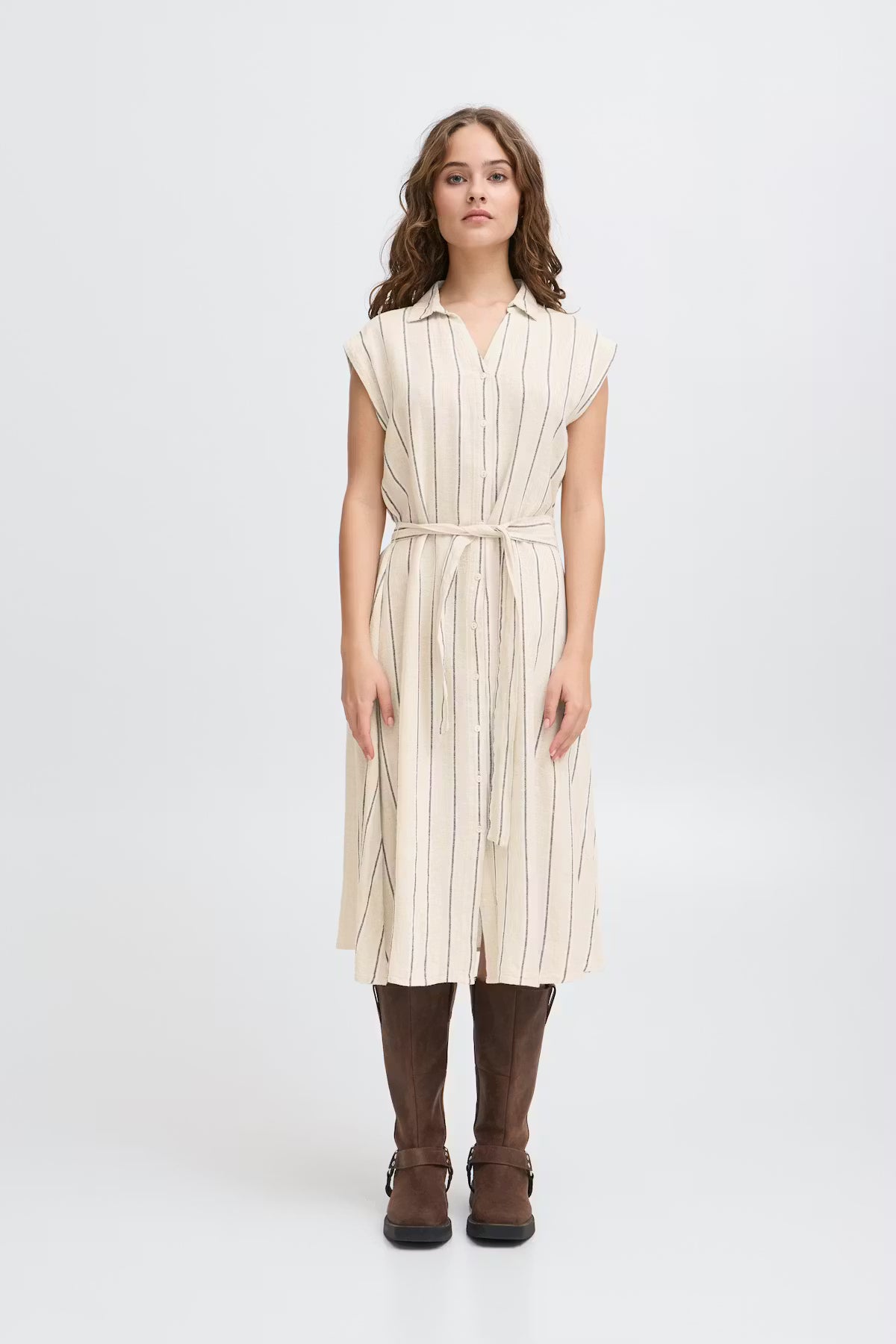 ICHI LINNO DRESS BROWN STRIPE 