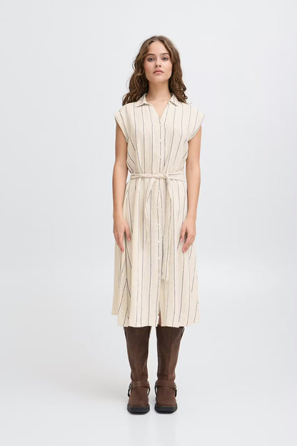 ICHI LINNO DRESS BROWN STRIPE 