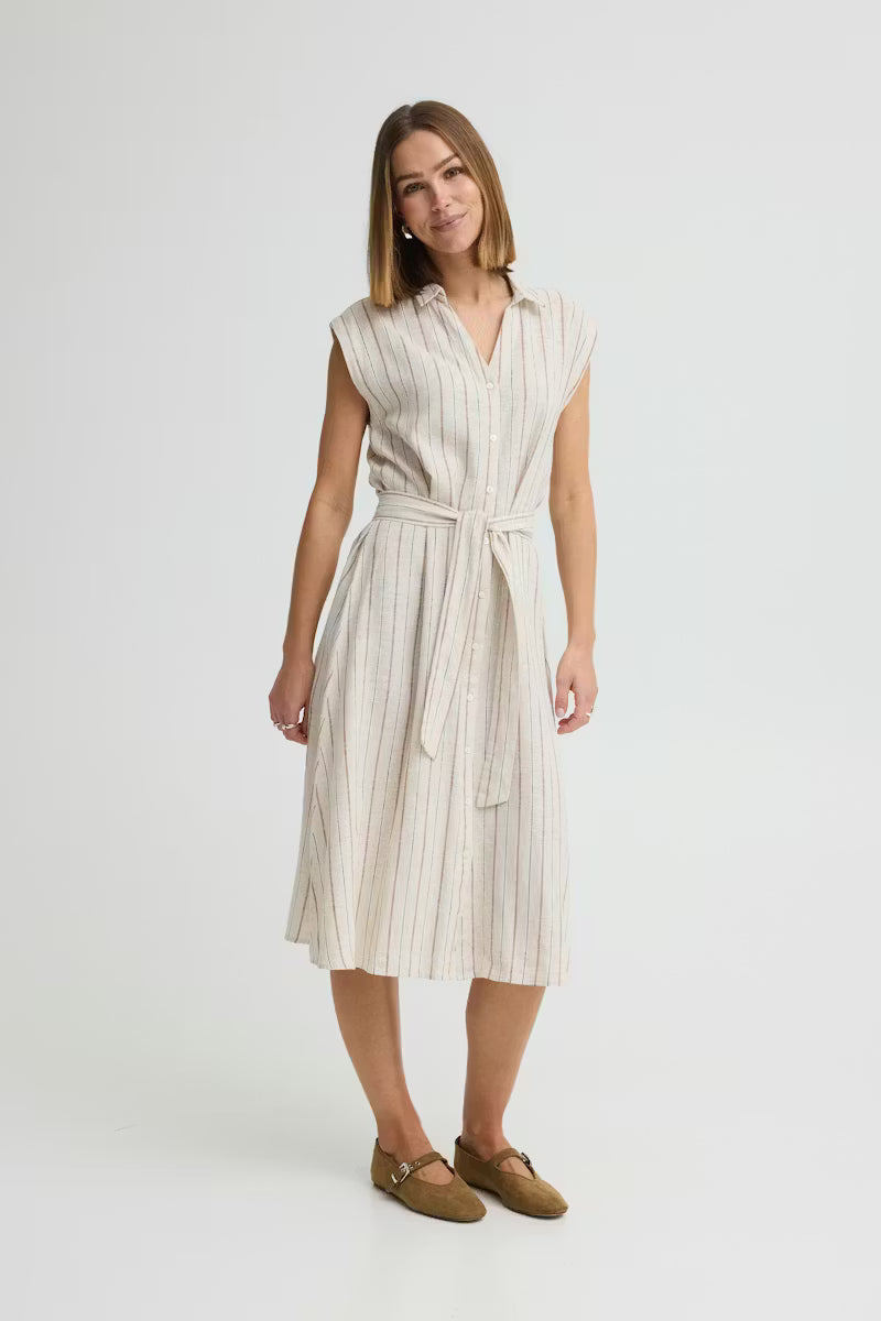 ICHI LINNO DRESS BROWN STRIPE 