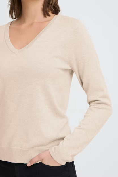 ICHI LULS V-NECK PULLOVER SWEATER OATMEAL 