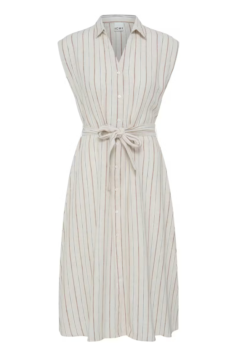ICHI LINNO DRESS BROWN STRIPE 