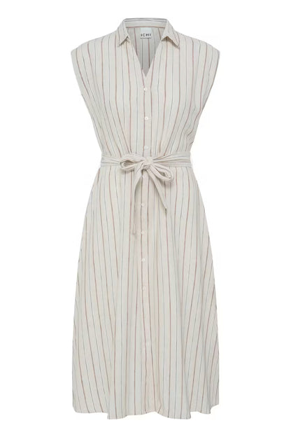 ICHI LINNO DRESS BROWN STRIPE 