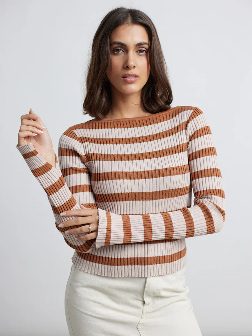 24COLOURS STRIPED L/S PULLOVER BROWN 