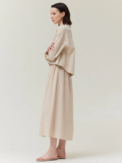 GRADE & GATHER CHECK PLAID CROP SHIRT CREAM