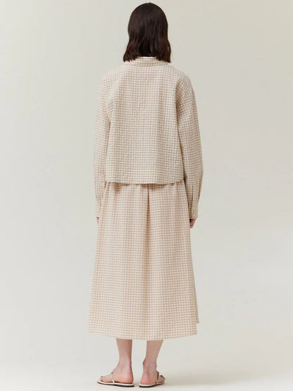 GRADE & GATHER CHECK PLAID CROP SHIRT CREAM