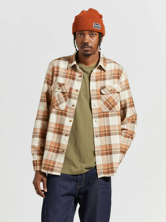 BRIXTON BOWERY L/S FLANNEL WHITECAP/PINECONE BROWN