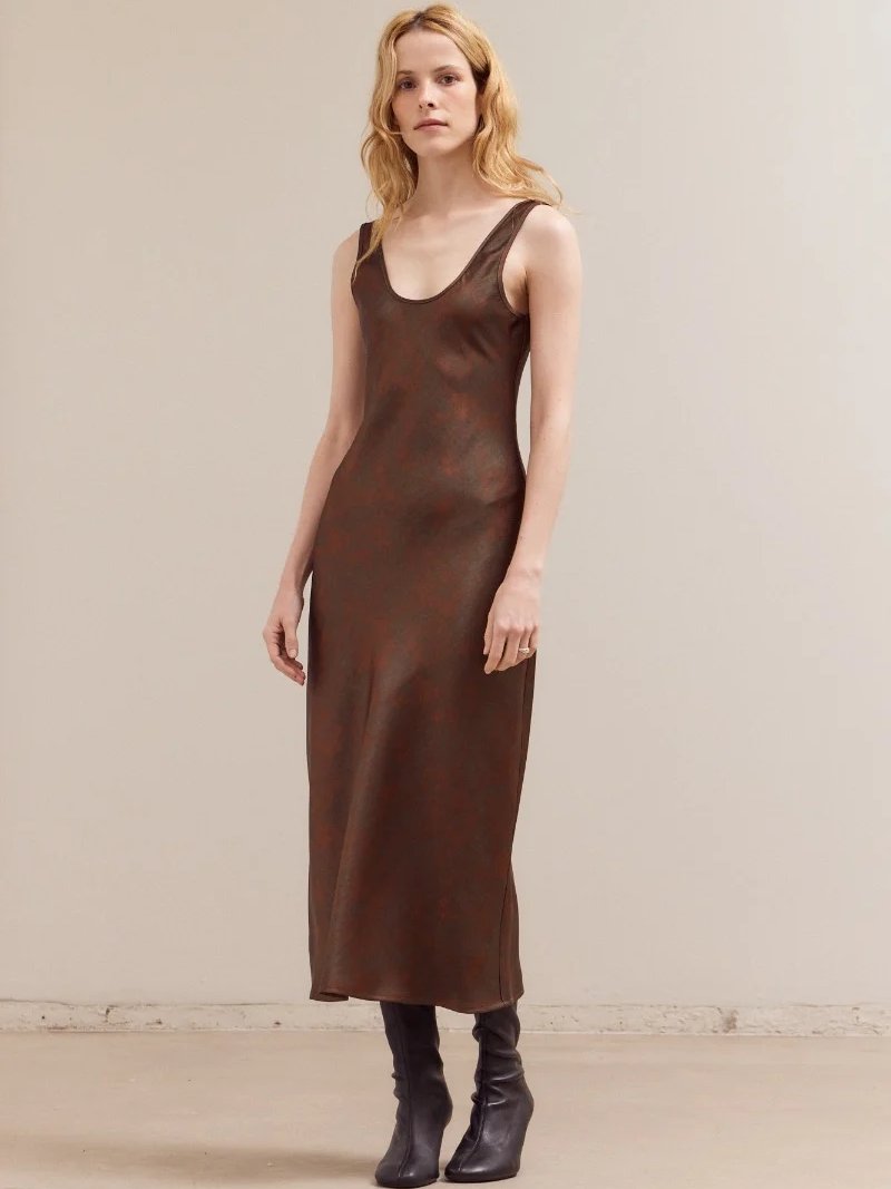GRADE & GATHER CARA PRINTED SATIN MAXI DRESS BRONZE 