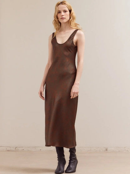 GRADE & GATHER CARA PRINTED SATIN MAXI DRESS BRONZE 