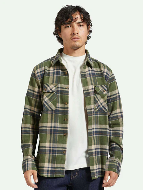 BRIXTON BOWERY L/S FLANNEL CYPRESS GREEN/WASHED NAVY/WHITECAP