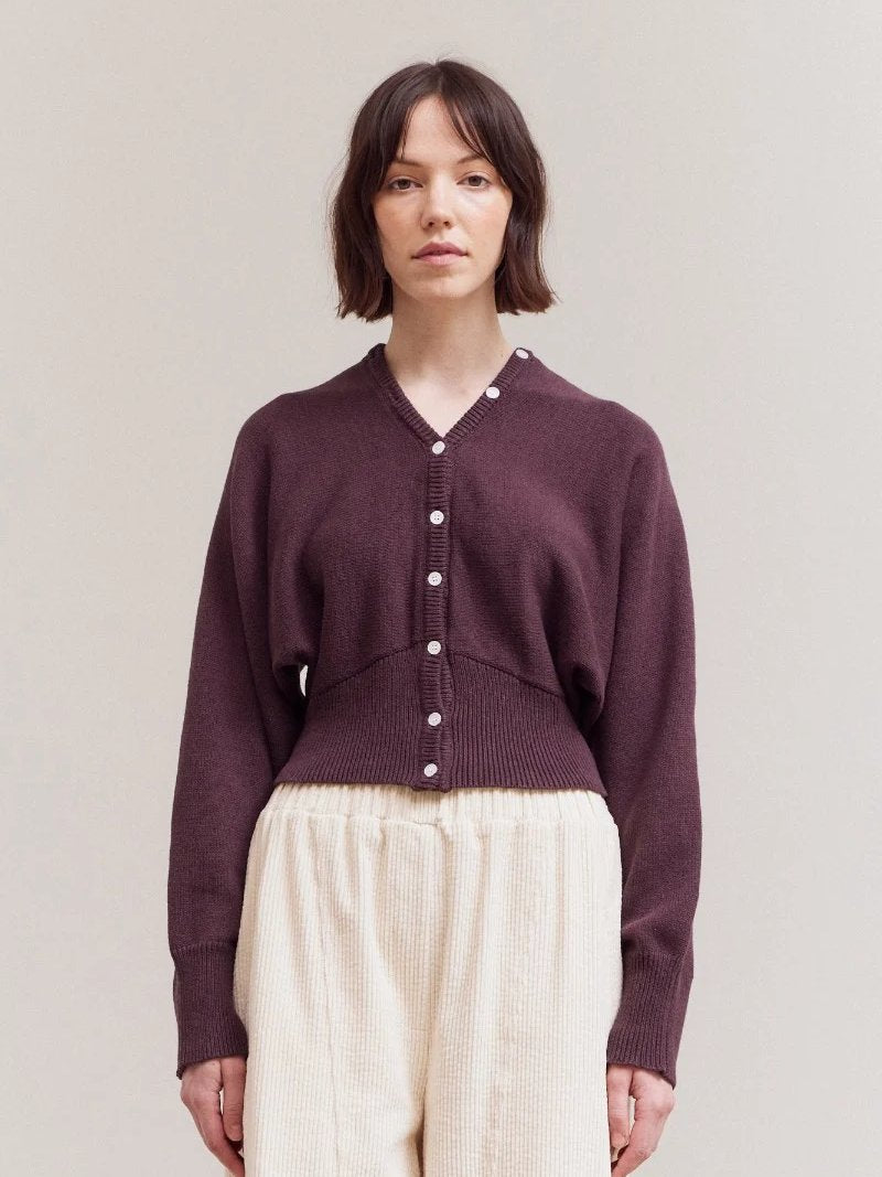 GRADE & GATHER KERI CARDIGAN AUBERGINE 