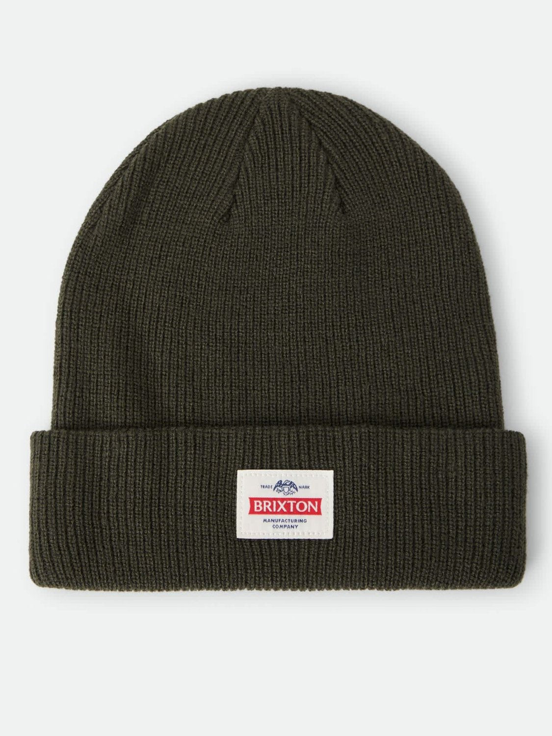 An olive green ribbed knit beanie hat with a folded cuff, featuring a small white rectangular Brixton logo patch on the front, set against a plain light gray background.
