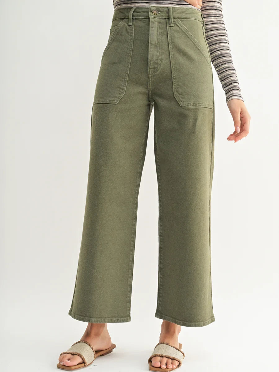 JUST BLACK DENIM THE PATCH POCKET WIDE LEG DENIM DUSTY OLIVE 