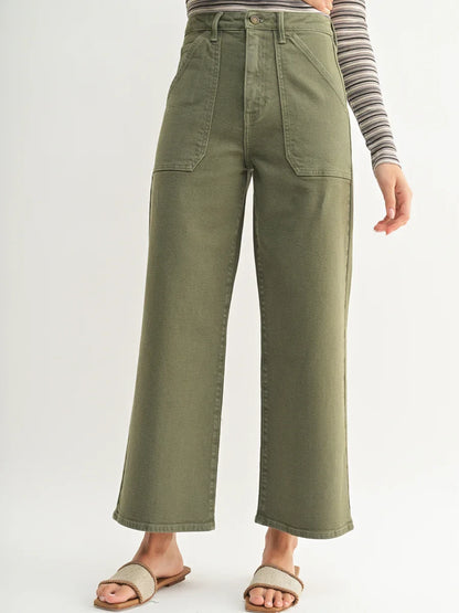 JUST BLACK DENIM THE PATCH POCKET WIDE LEG DENIM DUSTY OLIVE 