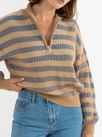 RHYTHM ESTELLE QUARTER ZIP STRIPED KNIT COBALT