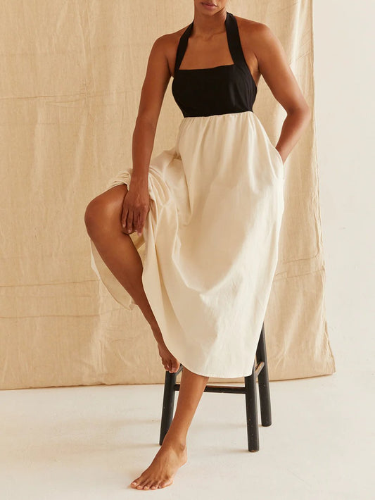 CRESCENT LILIBETH HALTER NECK MIDI DRESS BLACK/OATMEAL 