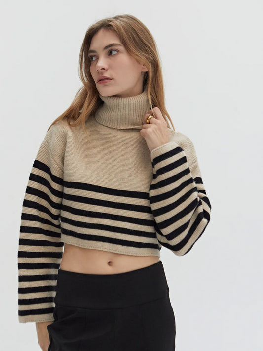 CRESCENT AVERY TURTLENECK STRIPED SWEATER TAUPE/BLACK