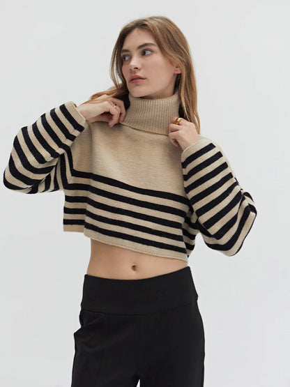 CRESCENT AVERY TURTLENECK STRIPED SWEATER TAUPE/BLACK