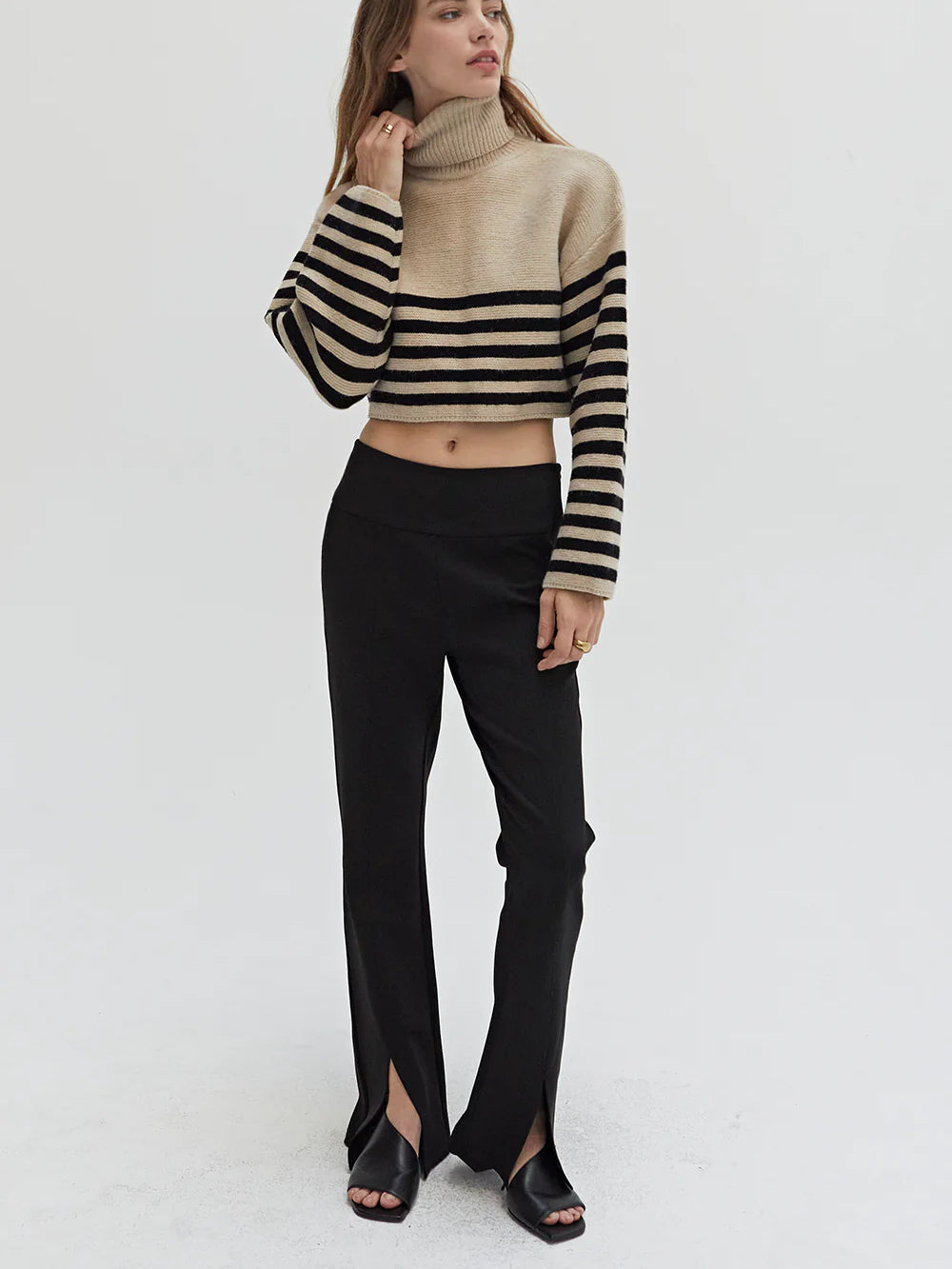 CRESCENT AVERY TURTLENECK STRIPED SWEATER TAUPE/BLACK