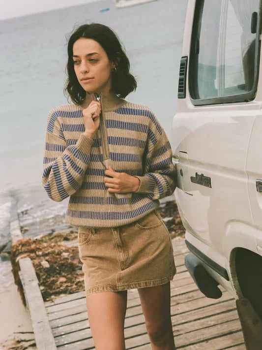 RHYTHM ESTELLE QUARTER ZIP STRIPED KNIT COBALT