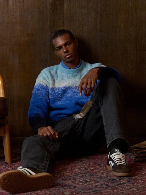 KUWALLA GRADIENT KNIT CREW SWEATER BLUE 