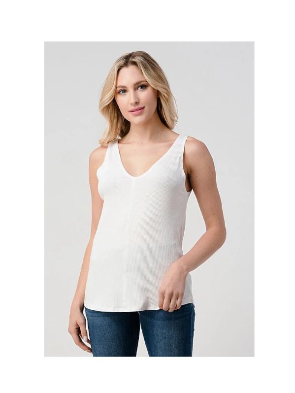 HASHTTAG RIBBED KNIT V NECK TANK TOP WHITE