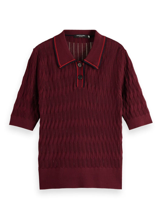 SCOTCH & SODA POINTELLE COLLARED KNIT TEE BORDEAUX 