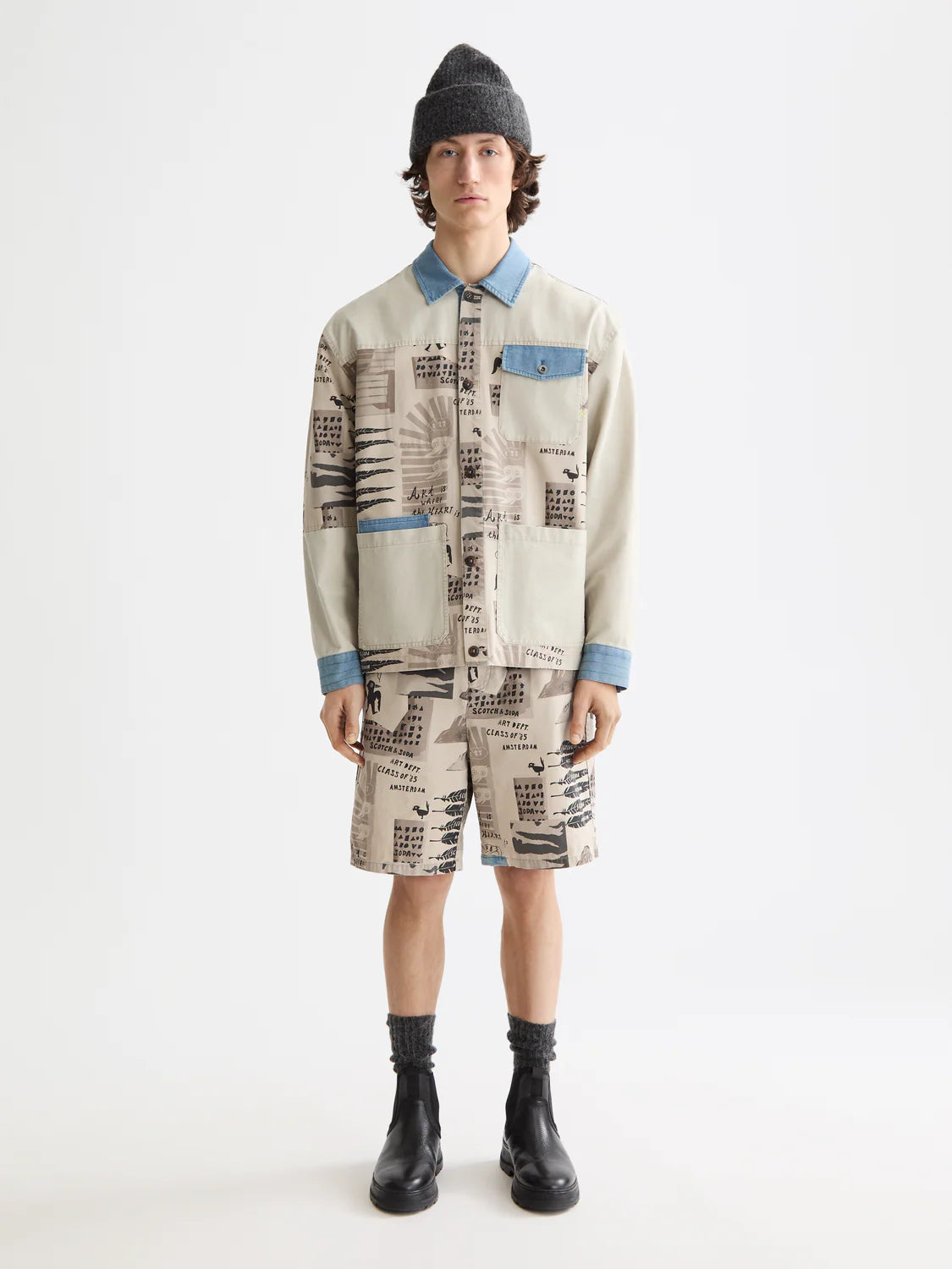 S&S PRINTED & WASHED COLOR BLOCK JACKET ART DEPT COLLAGE WHITE 
