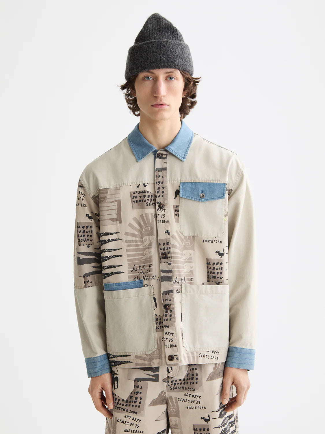 S&S PRINTED & WASHED COLOR BLOCK JACKET ART DEPT COLLAGE WHITE 