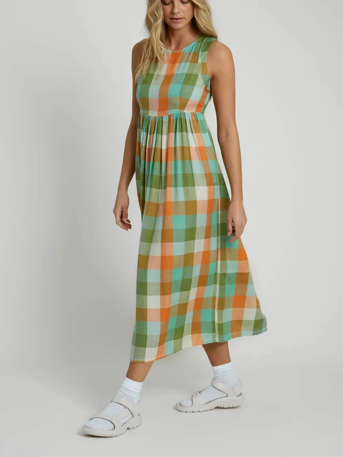 NATIVE YOUTH SERTINA CHECK MIDI DRESS ORANGE