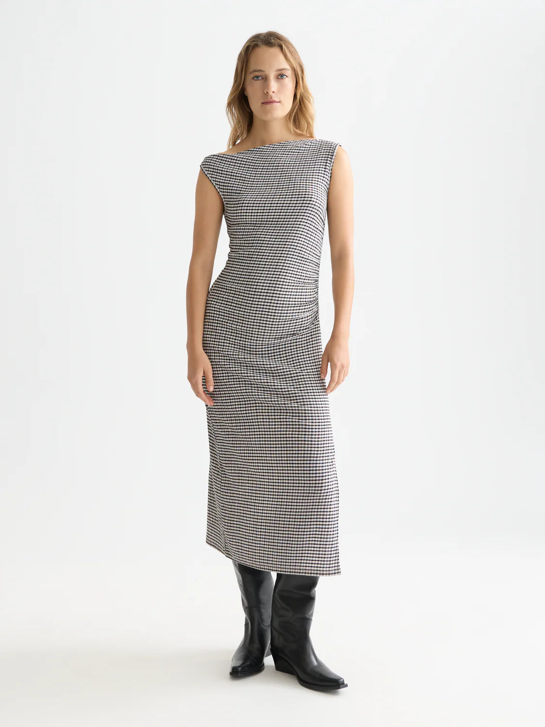 S&S STRUCTURED GINGHAM DRAPEY MIDI DRESS METEORITE 
