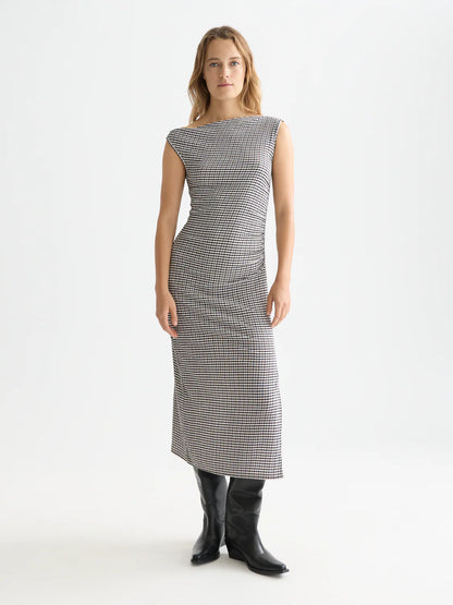 S&S STRUCTURED GINGHAM DRAPEY MIDI DRESS METEORITE 
