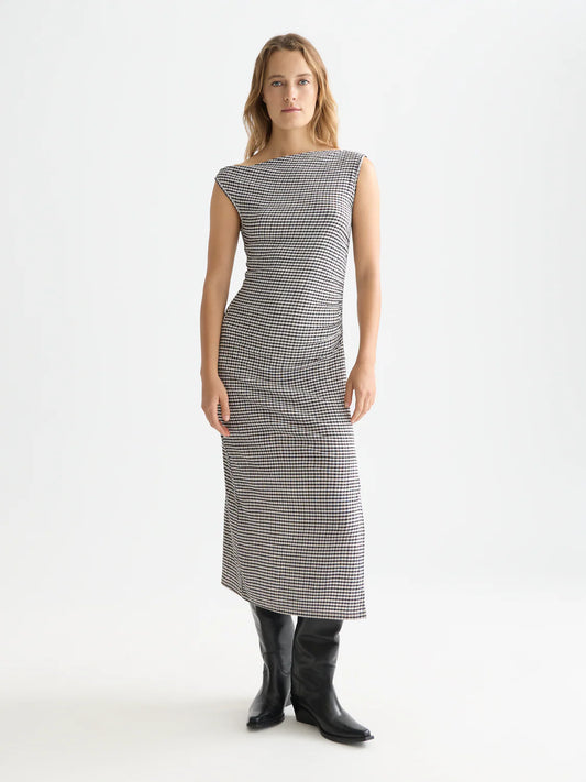 S&S STRUCTURED GINGHAM DRAPEY MIDI DRESS METEORITE 