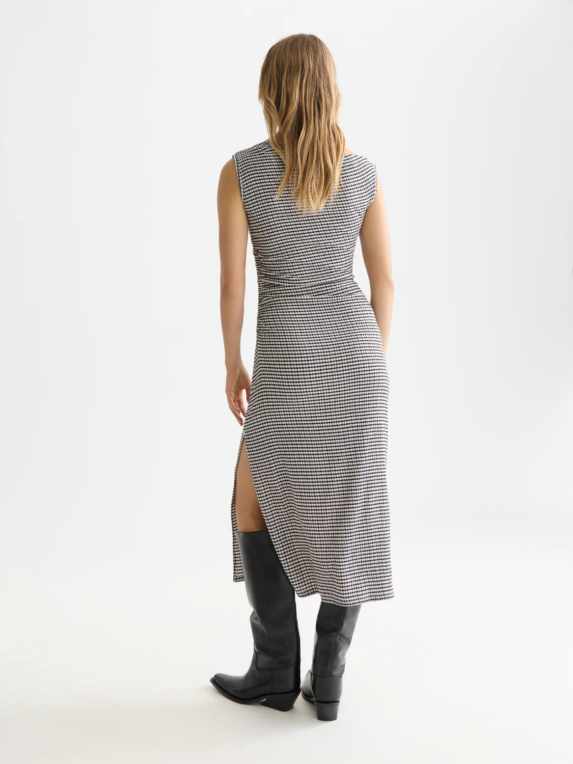 S&S STRUCTURED GINGHAM DRAPEY MIDI DRESS METEORITE 