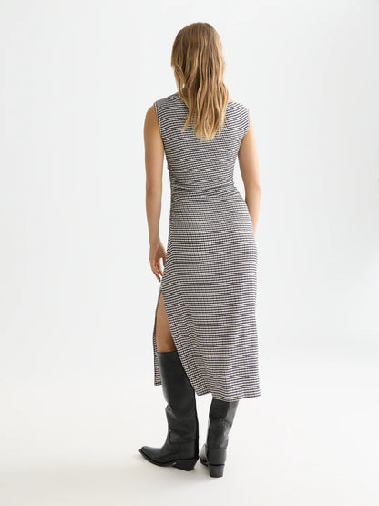 S&S STRUCTURED GINGHAM DRAPEY MIDI DRESS METEORITE 
