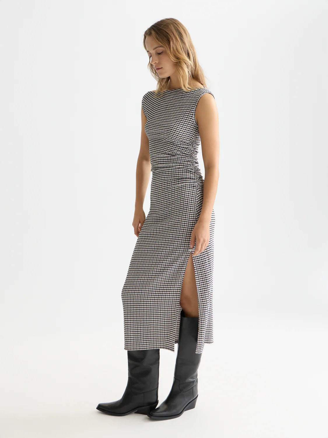 S&S STRUCTURED GINGHAM DRAPEY MIDI DRESS METEORITE 