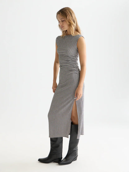 S&S STRUCTURED GINGHAM DRAPEY MIDI DRESS METEORITE 