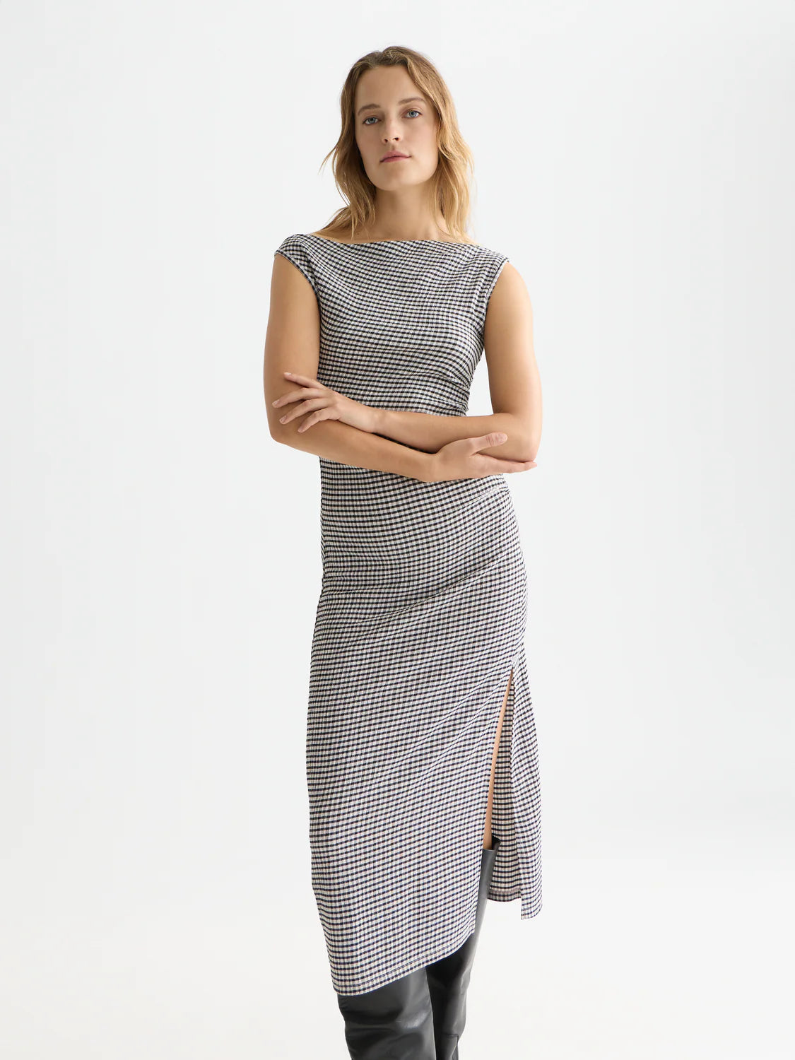 S&S STRUCTURED GINGHAM DRAPEY MIDI DRESS METEORITE 