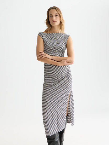 S&S STRUCTURED GINGHAM DRAPEY MIDI DRESS METEORITE 