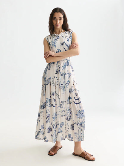 S&S PRINTED PLEATED DRESS DELFT TILES BLUE