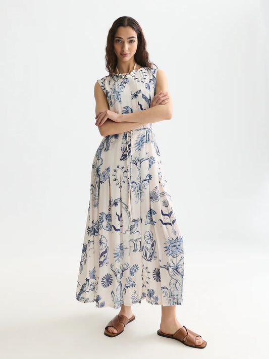 S&S PRINTED PLEATED DRESS DELFT TILES BLUE