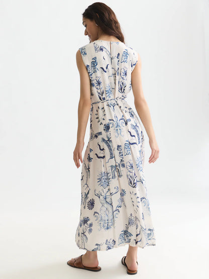 S&S PRINTED PLEATED DRESS DELFT TILES BLUE