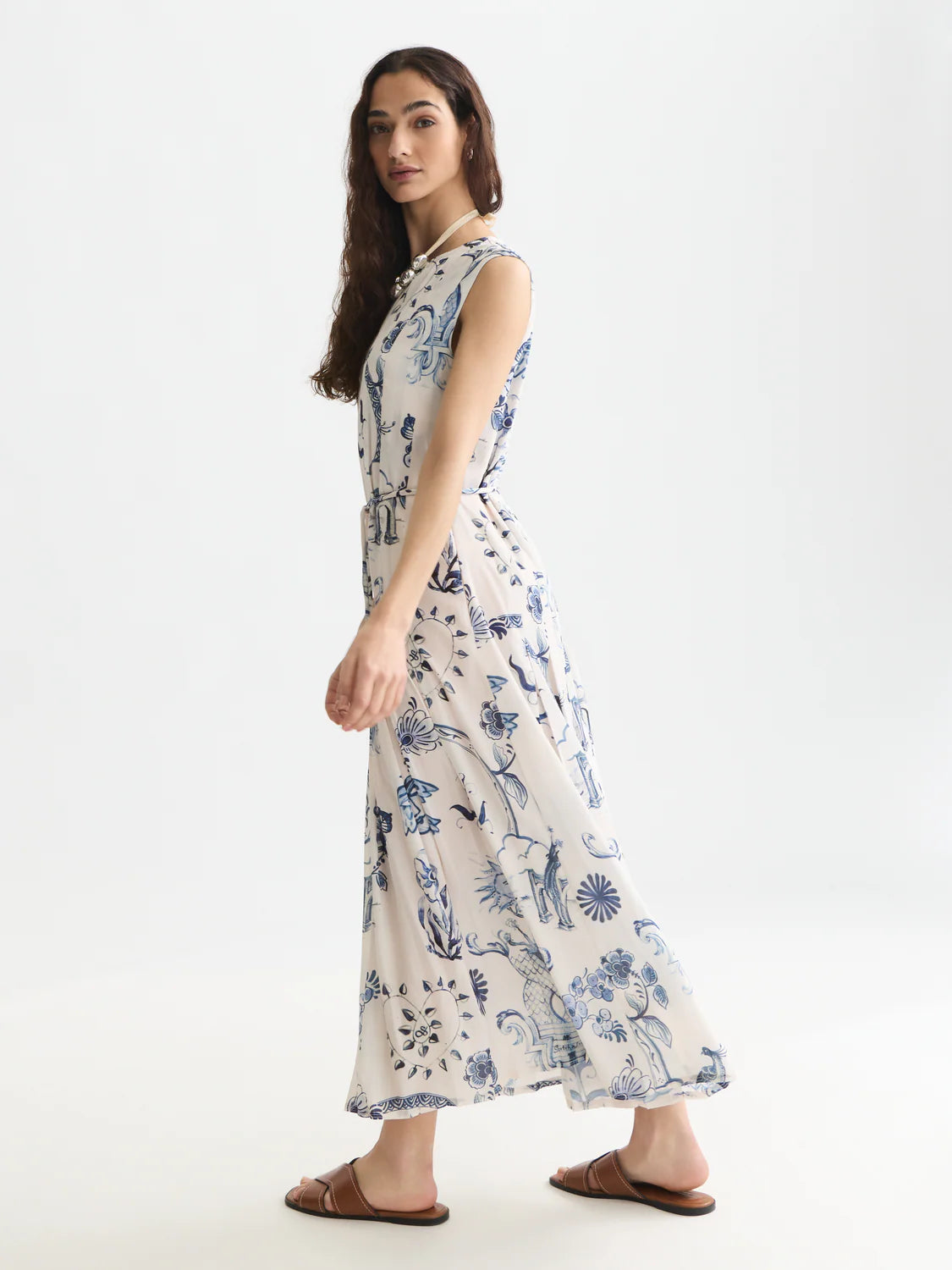 S&S PRINTED PLEATED DRESS DELFT TILES BLUE