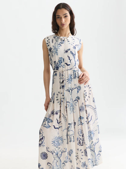 S&S PRINTED PLEATED DRESS DELFT TILES BLUE