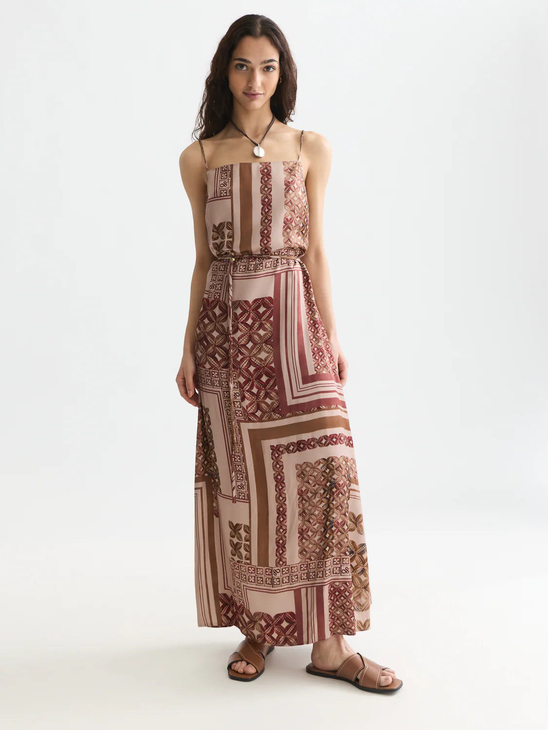 S&S FOULARD PRINTED SLIP MAXI DRESS TILES ROSEDUST 