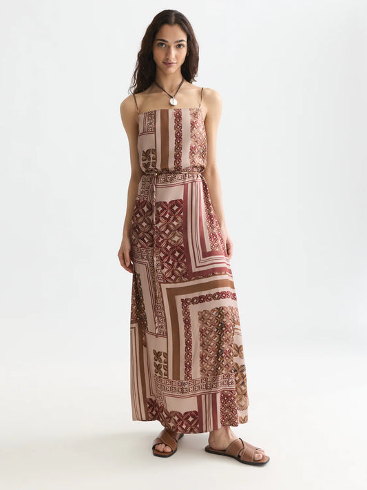 S&S FOULARD PRINTED SLIP MAXI DRESS TILES ROSEDUST 