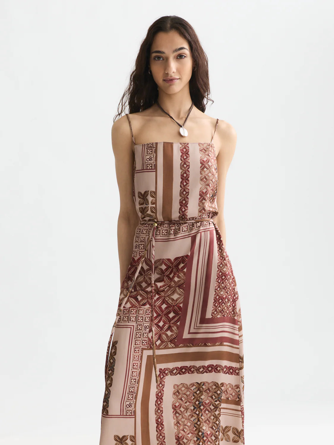 S&S FOULARD PRINTED SLIP MAXI DRESS TILES ROSEDUST 