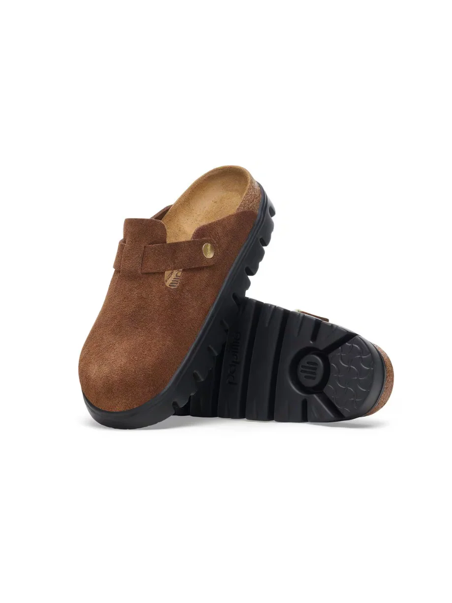 BIRKENSTOCK BOSTON CHUNKY SUEDE LEATHER CLOG DARK TEA/BLACK