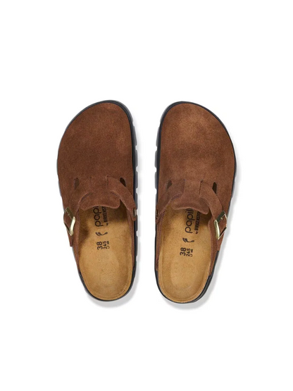 BIRKENSTOCK BOSTON CHUNKY SUEDE LEATHER CLOG DARK TEA/BLACK