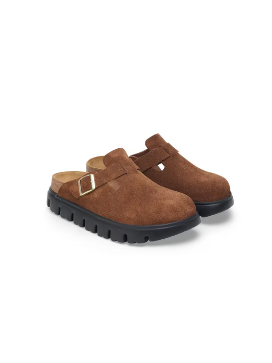 BIRKENSTOCK BOSTON CHUNKY SUEDE LEATHER CLOG DARK TEA/BLACK
